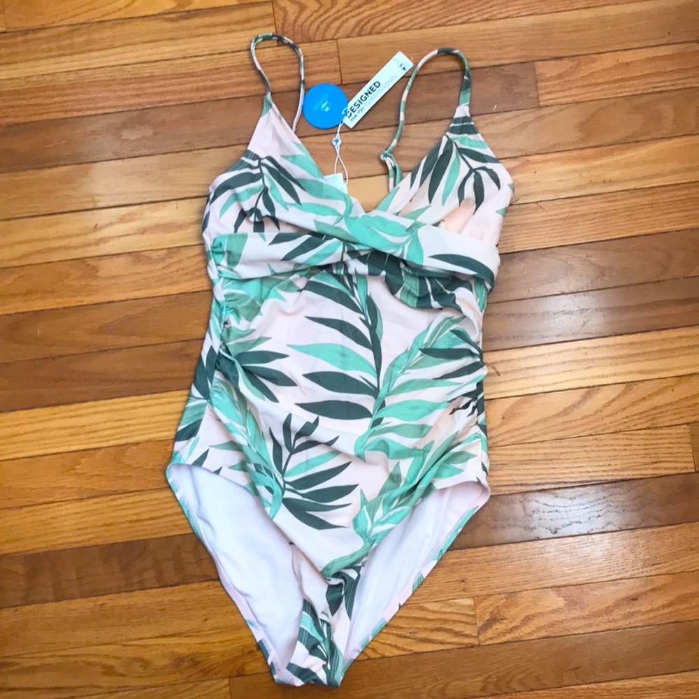 Cupshe One Piece Swimsuit pink and bptanical print slight ruching flattering NWT